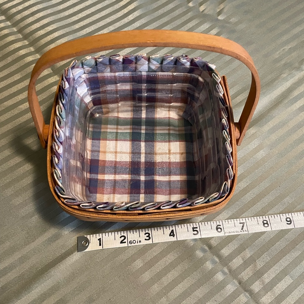 Longaberger Handmade Square Woven Basket with Plaid Fabric Liner